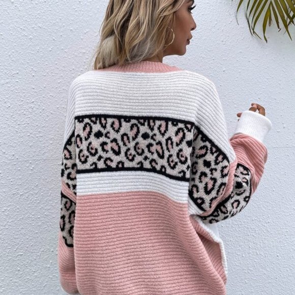 FIERCE DOLLZ Leopard Pattern Color Block Drop Shoulder Sweater - Picture 3 of 5